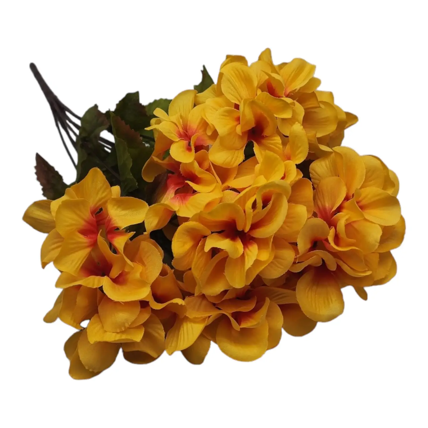 Autumn Hydrangea Bush with nine yellow-orange blooms artificial flowers on Tampa Home & Garden Store