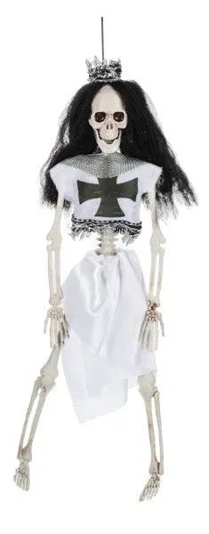 Medieval Knight Skeleton ornament in white gown with black cross tunic, crown, long black hair on Tampa Home & Garden Store