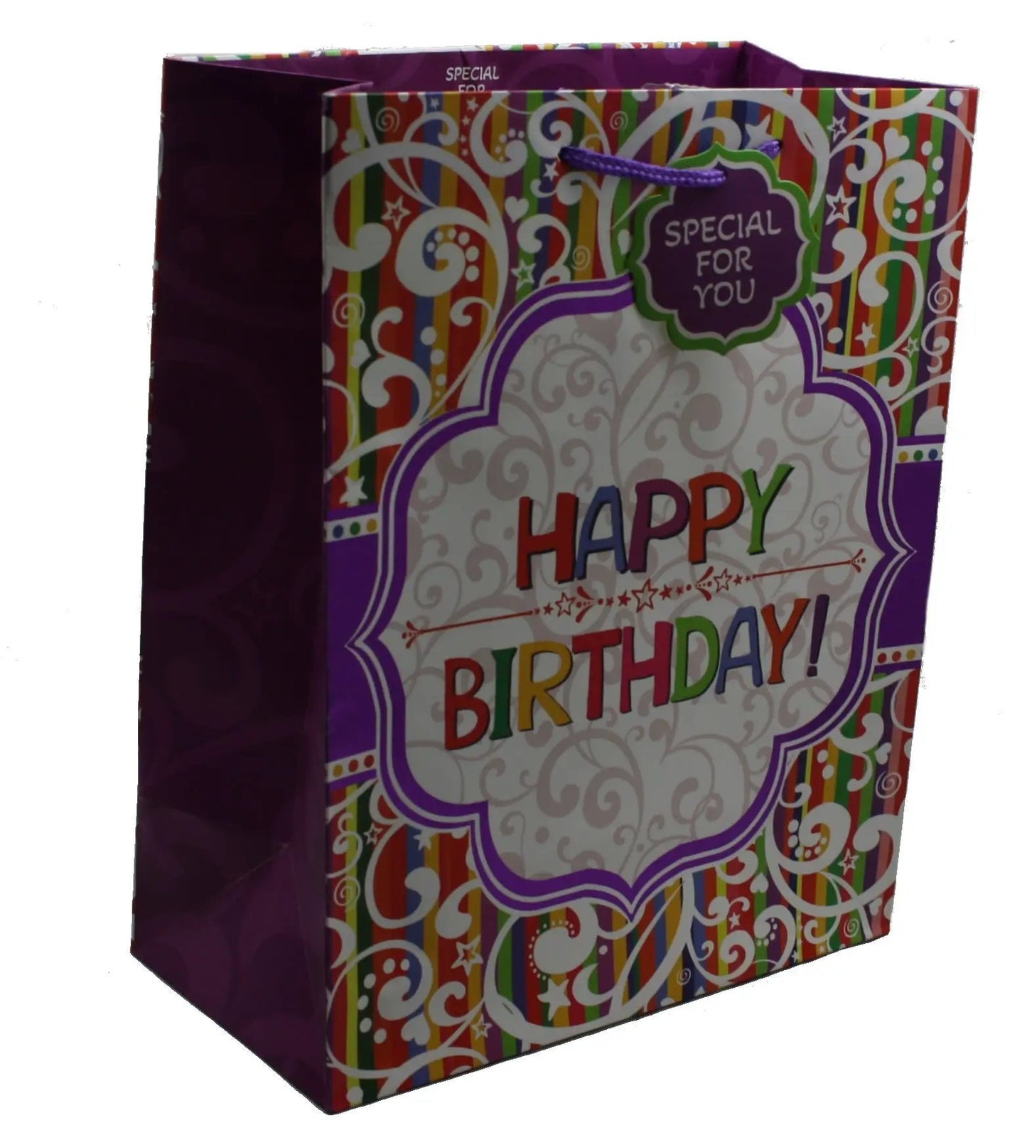 Happy Birthday Brights Gift Bag with purple rope handle and multicolor stripe foil tag on Tampa Home & Garden Store