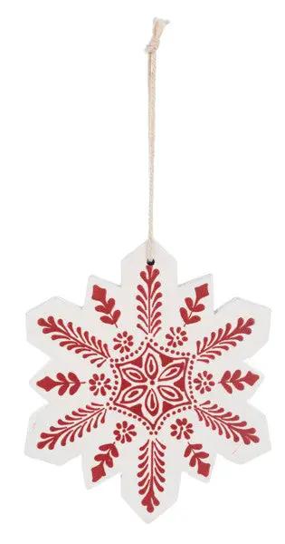 Hand painted wooden snowflake ornament white with red folk pattern The Country Christmas Loft on Tampa Home & Garden Store