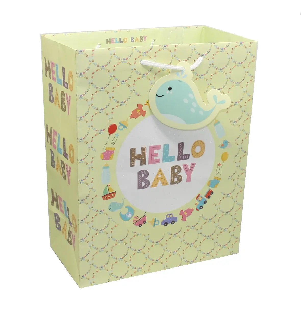 Hello Baby Gift Bag yellow with glitter icons whale motif by Loft on Tampa Home & Garden Store