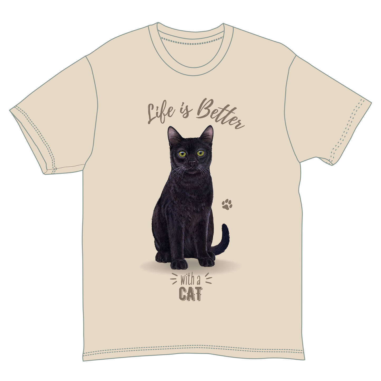 Life Is Better with a Black Cat T-shirt beige with centered black cat graphic and script Life is Better on Tampa Home & Garden Store