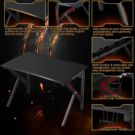 K-Shaped Gaming Desk with Cup Holder, black finish, headphone & cup holders on Tampa Home & Garden Store