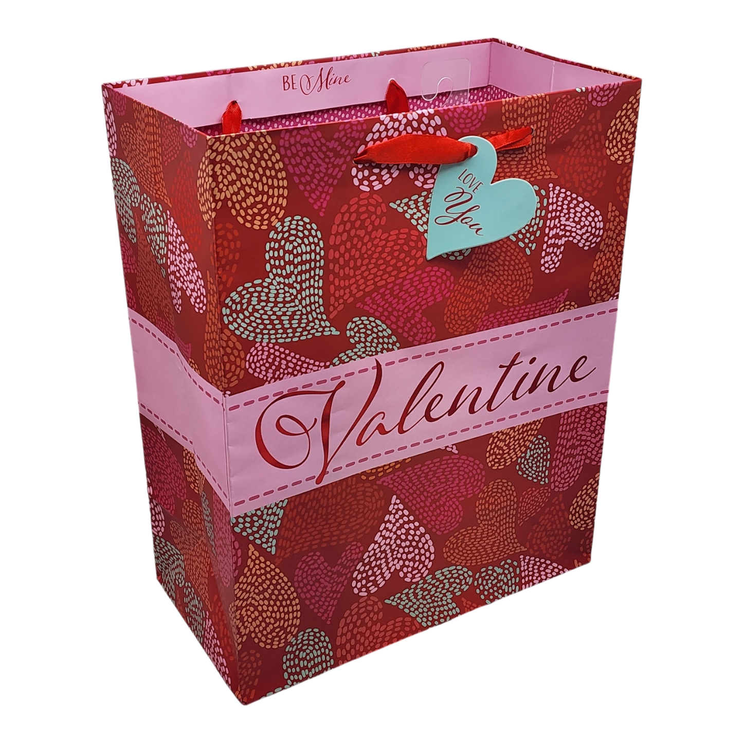 Flowing Hearts Gift Bag with Valentine script, red patterned hearts, pink band and turquoise tag on Tampa Home & Garden Store