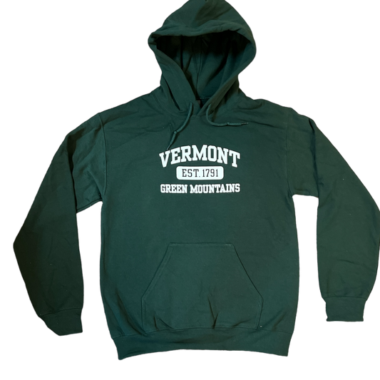 Vermont Est 1791 Green Mountain hoodie, green fleece with hood and front pocket on Tampa Home & Garden Store