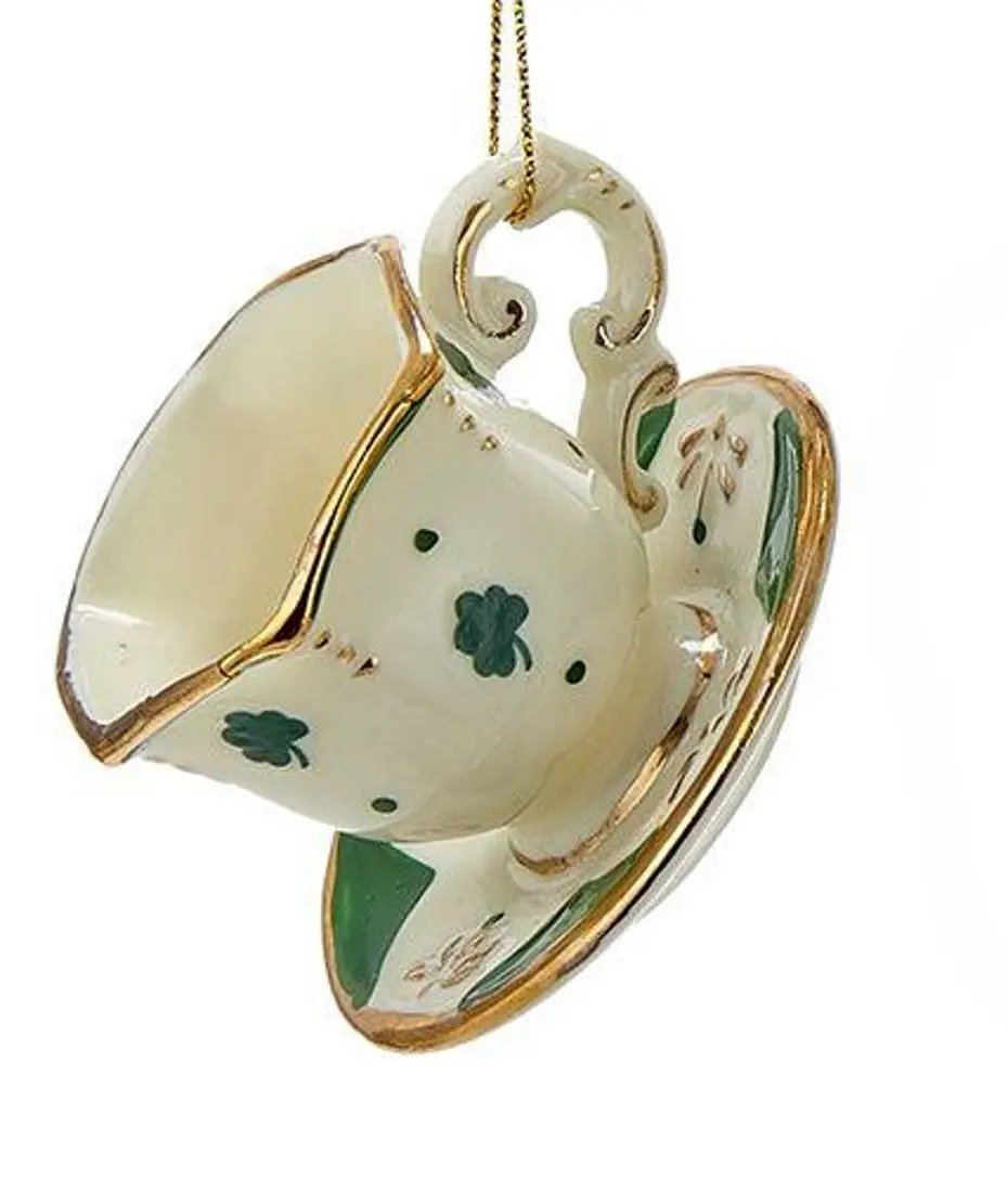 Porcelain Irish Tea Ornament teacup with shamrock, green with gold trim, Country Christmas Loft on Tampa Home & Garden Store