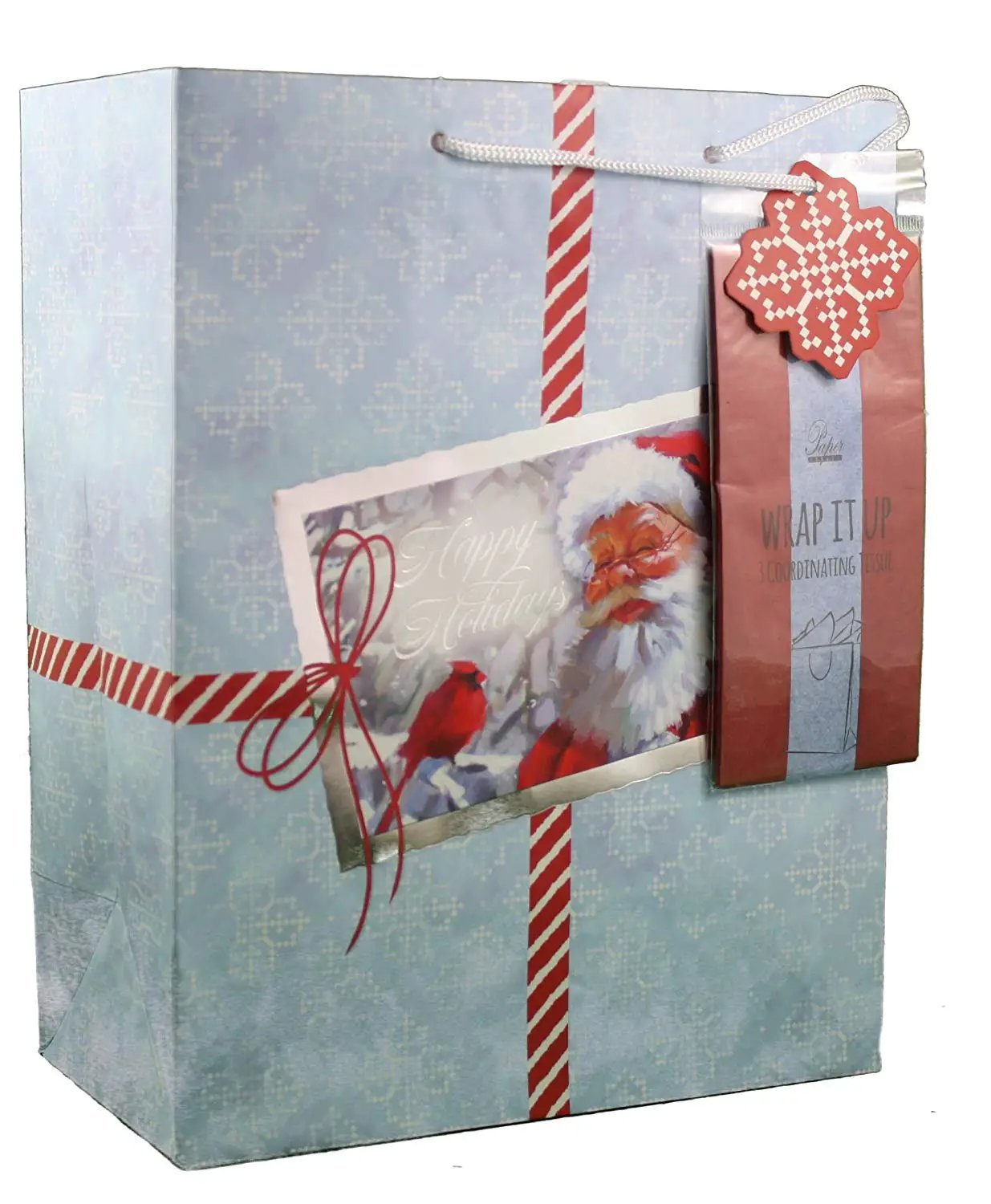 Large gift bag with tissue Santa and cardinal, blue snowflake pattern, red ribbon on Tampa Home & Garden Store