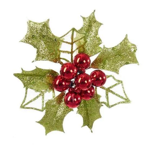 Glitter Holly Leaves Clip-On Ornament, gold leaves, red berries, by The Country Christmas Loft on Tampa Home & Garden Store