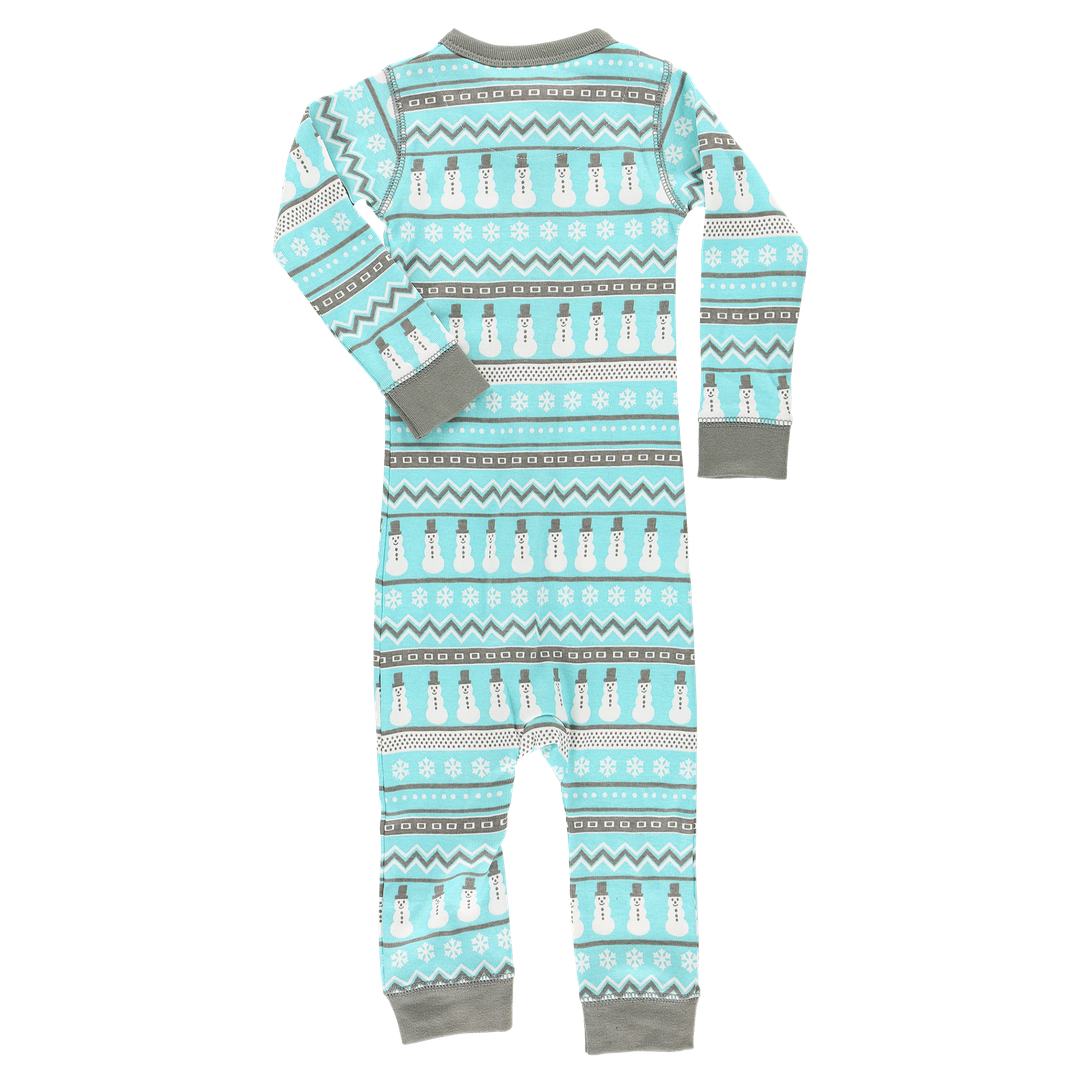 Nordic Snowman union suit turquoise cotton onesie with grey cuffs Country Christmas Loft on Tampa Home & Garden Store