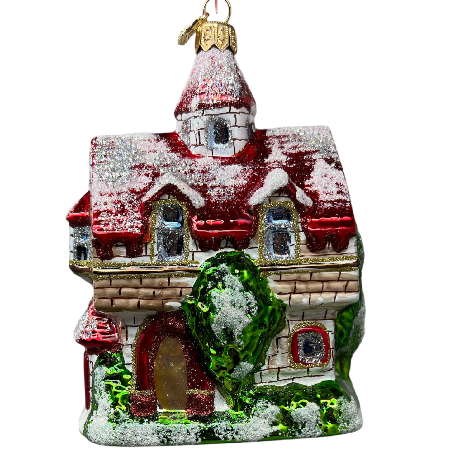 Santa Castle Ornament by Christopher Radko, glass holiday cottage with red snow-tipped roof on Tampa Home & Garden Store