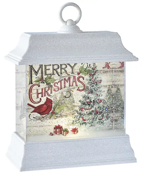 LED Merry Christmas Spinning Waterglobe Lantern with cardinal and Christmas tree on Tampa Home & Garden Store
