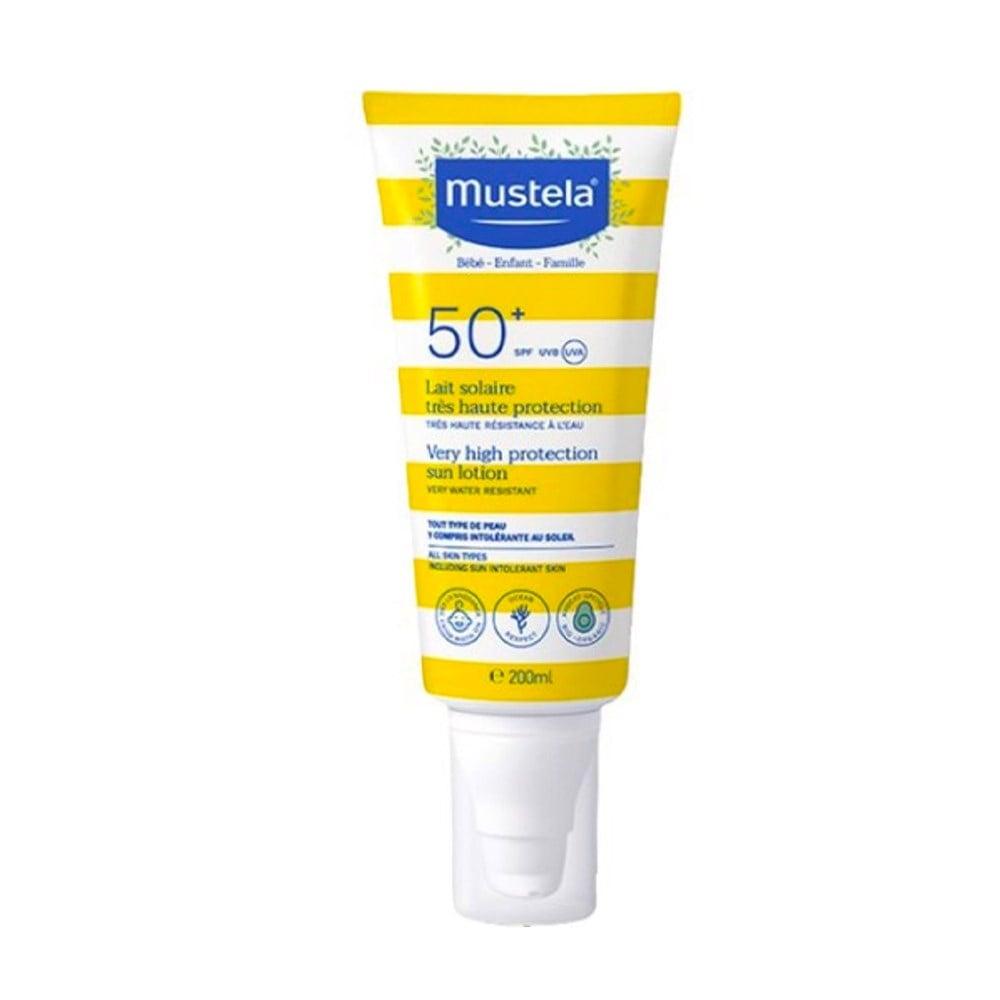 Mustela SPF50+ sunscreen lotion yellow/white, blue logo, waterproof for all ages 200 ml on Tampa Home & Garden Store