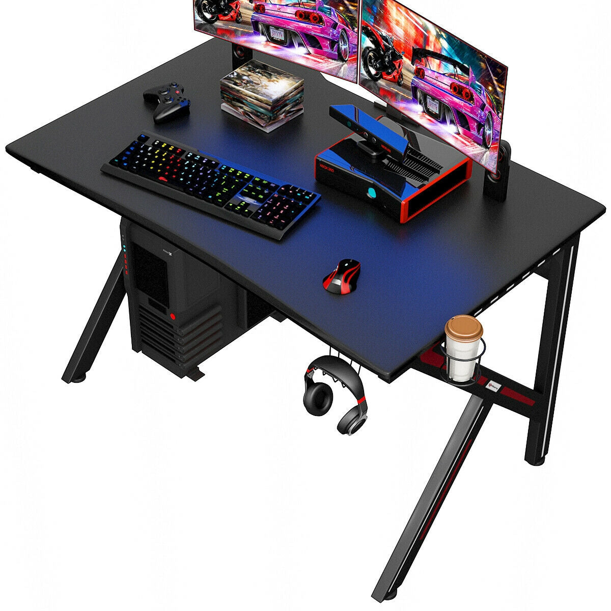 K-Shaped Gaming Desk with Cup Holder by DirectDeals, blue top, black frame on Tampa Home & Garden Store
