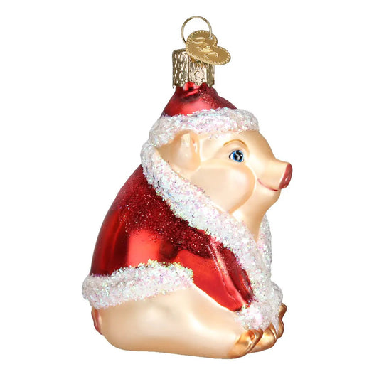 Old World Christmas pig ham ornament in red Santa suit with glitter trim on Tampa Home & Garden Store