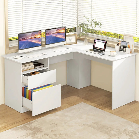 White L-shaped computer desk with letter-file drawer and open shelves, dual-monitor setup on Tampa Home & Garden Store