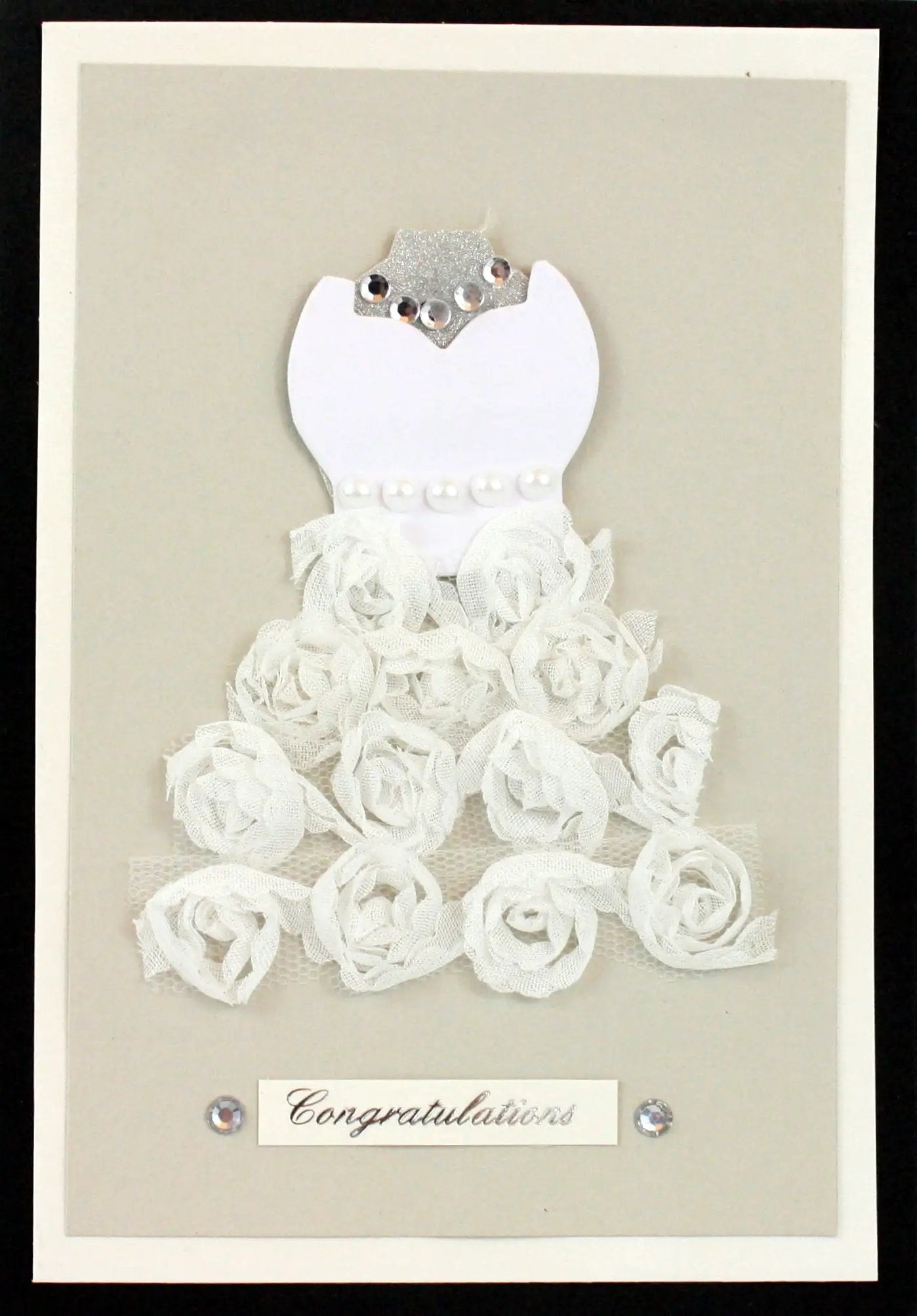 Handmade Embellished Card Wedding Day white bridal dress with fabric roses and rhinestone tiara on Tampa Home & Garden Store
