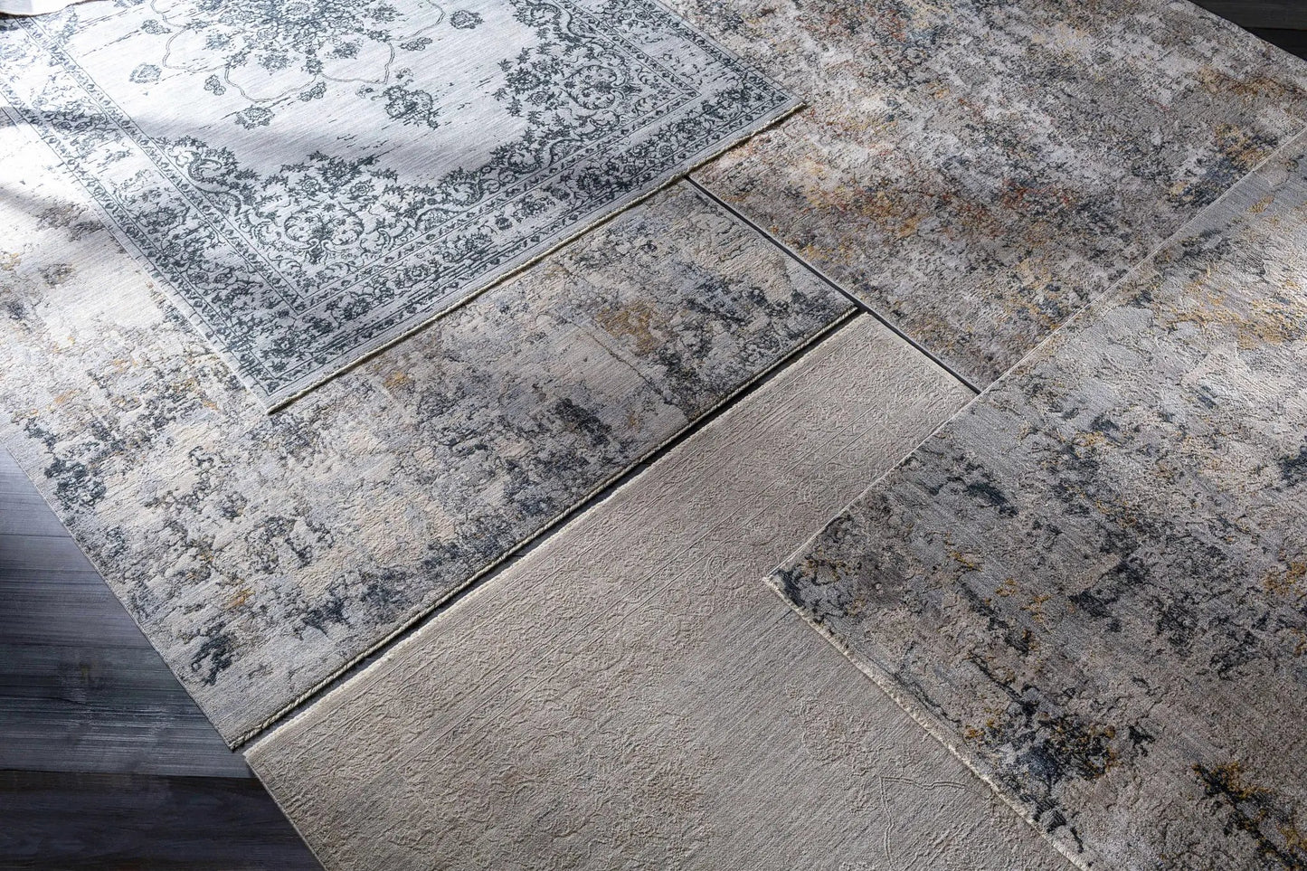 Monto Luxe Rug by Boutique Rugs in taupe charcoal gray with distressed pattern on Tampa Home & Garden Store