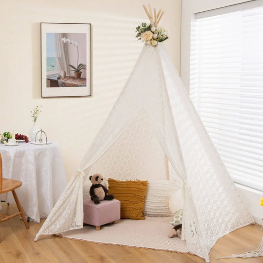 Lace teepee tent with floral topper by DirectDeals for kids in a cozy playroom on Tampa Home & Garden Store