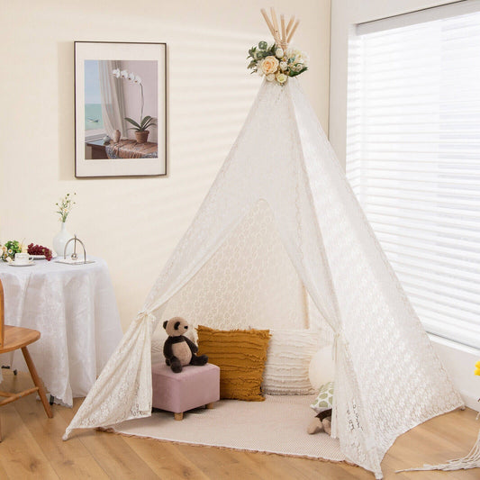 Lace Teepee Tent by GemGear with cream lace fabric and floral topper for kids on Tampa Home & Garden Store