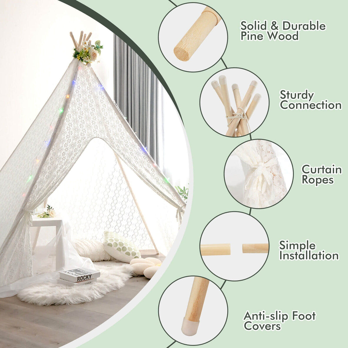 GemGear Lace Teepee Tent for children with colorful light strings and wooden poles on Tampa Home & Garden Store