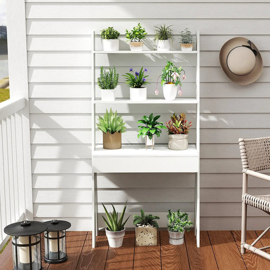 White metal ladder shelf desk with drawer and anti-toppling device, outdoor plant display on Tampa Home & Garden Store