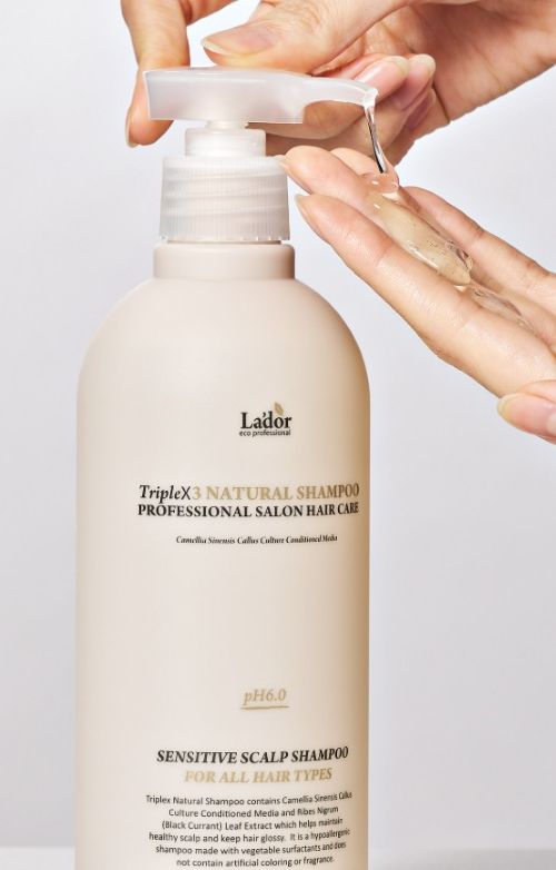 Lador Triple X3 Natural Shampoo bottle with pump, beige plastic, sensitive scalp on Tampa Home & Garden Store