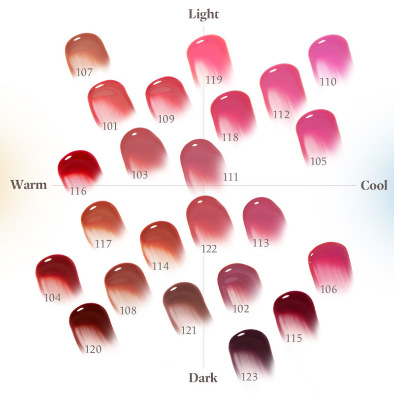 Laka Fruity Glam Tint lip tint by Seoulia shade swatch wheel from warm reds to cool pinks on Tampa Home & Garden Store