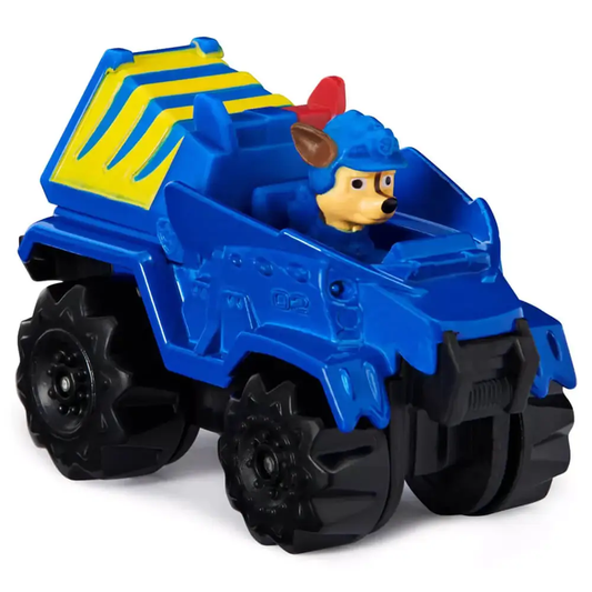 Paw Patrol True Metal Dino Rescue Chase Diecast Car blue monster truck with yellow striped cargo bed and pup figure on Tampa Home & Garden Store