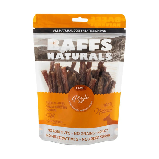 BAFFS Naturals Lamb Pizzle Dog Chews, 8 oz bag, orange packaging on Tampa Home & Garden Store