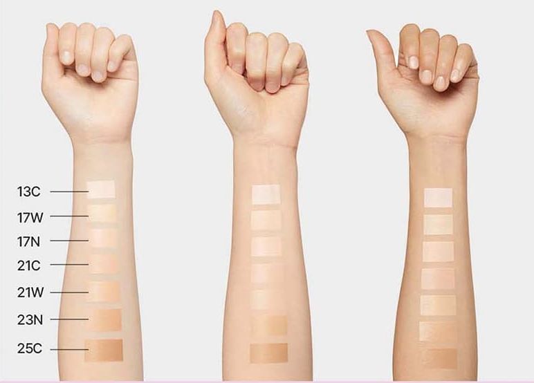 LANEIGE Neo Cushion The Glow SPF50+ cushion shade swatches on forearms, 7 colors 13C–25C on Tampa Home & Garden Store