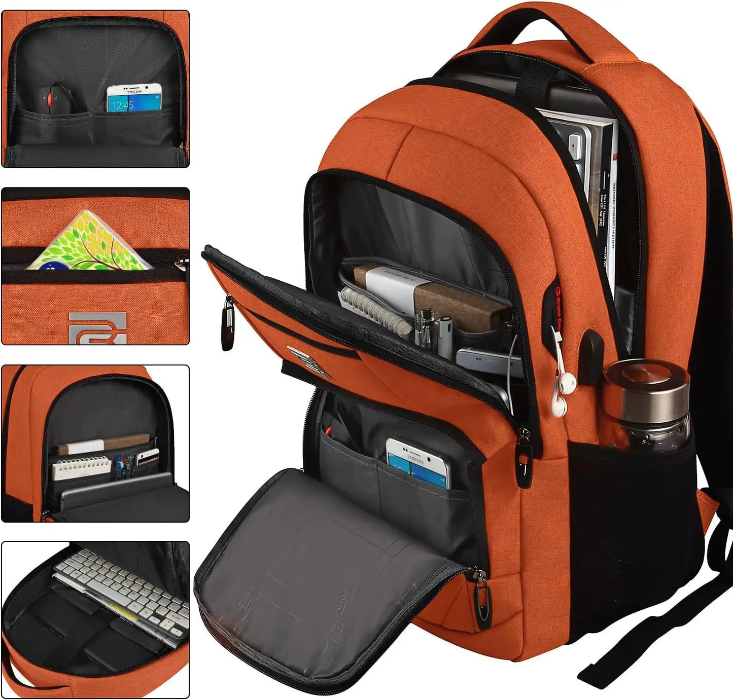 Moktan Sabai orange slim anti-theft laptop backpack with USB charging and organized pockets on Tampa Home & Garden Store