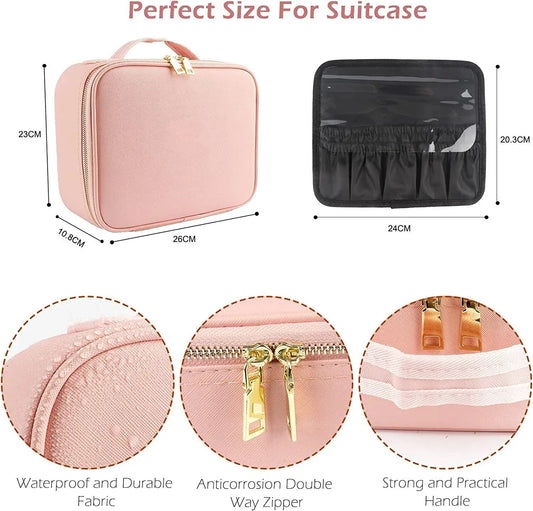 Pink large-capacity LED mirror makeup bag with divider, gold zippers and top handle on Tampa Home & Garden Store