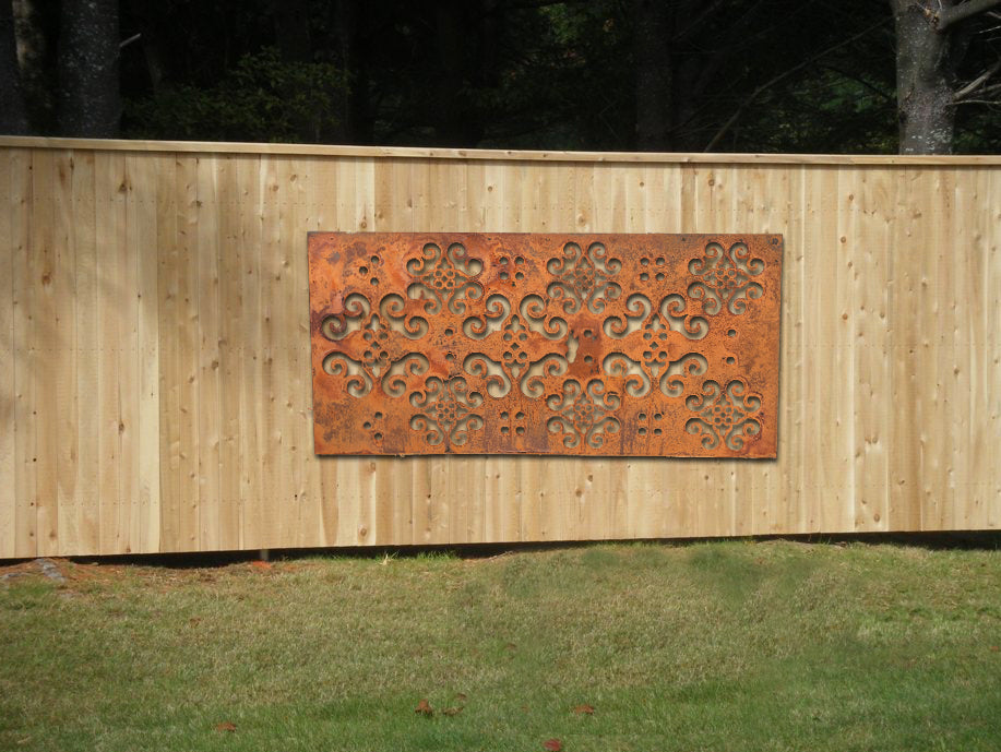 Outdoor privacy panel metal wall sculpture in rust finish, 46-inch Rustica Ornamentals on Tampa Home & Garden Store