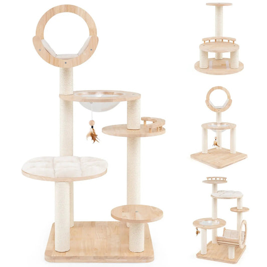 4 in 1 wooden cat tower with space capsule nest, natural wood finish, sisal rope posts on Tampa Home & Garden Store