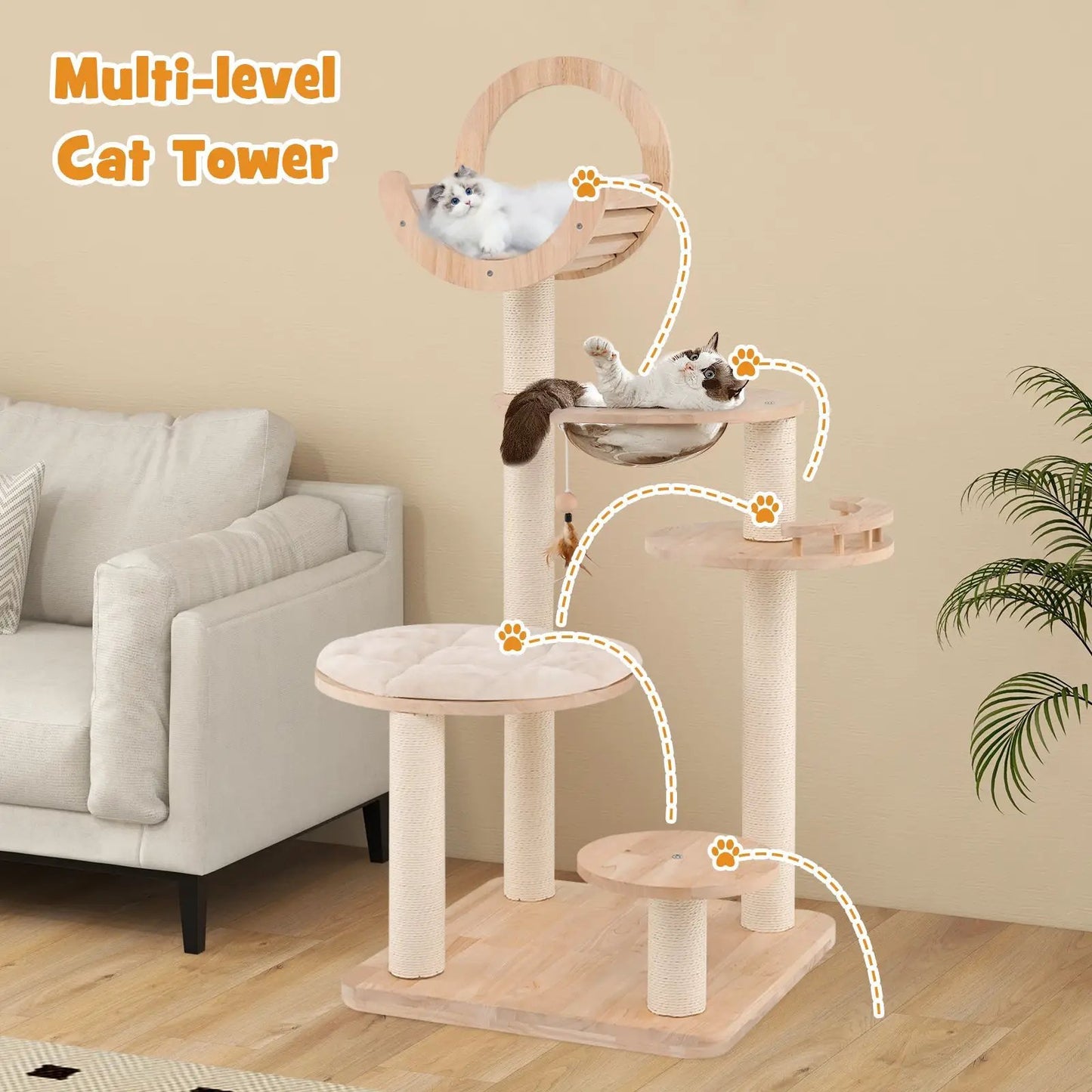4-in-1 wooden cat tower with space capsule nest, natural wood finish, multi-level design on Tampa Home & Garden Store