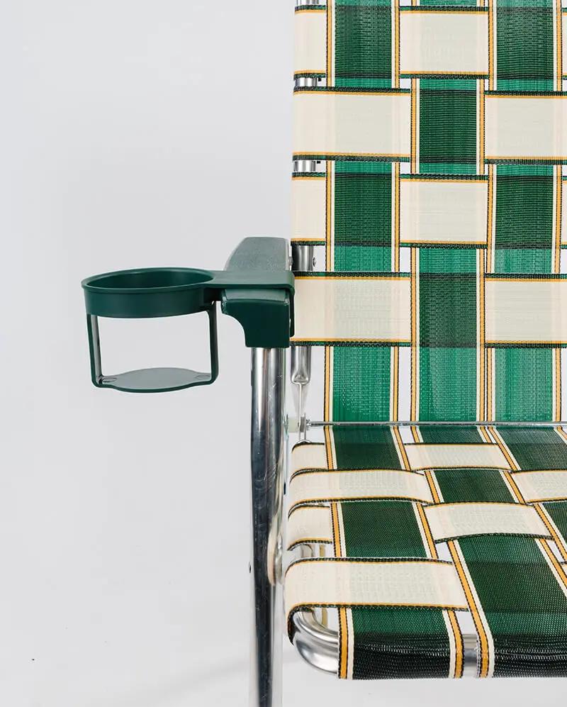 Lawn Chair USA Green Cup Holder attached to green striped outdoor chair on Tampa Home & Garden Store
