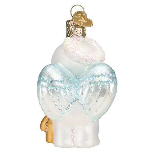 Baby Snow Angel Ornament with Bear Friend glass ornament in icy blue and white glitter on Tampa Home & Garden Store