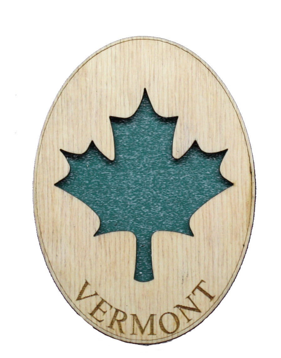 Vermont Oval Green Leaf Wooden Magnet teal maple leaf on Country Christmas Loft refrigerator magnet on Tampa Home & Garden Store
