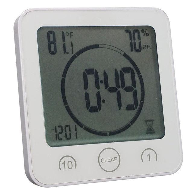 Stevvex LCD waterproof bathroom timer with alarm; display shows 81Β°F, 0:49 countdown on Tampa Home & Garden Store
