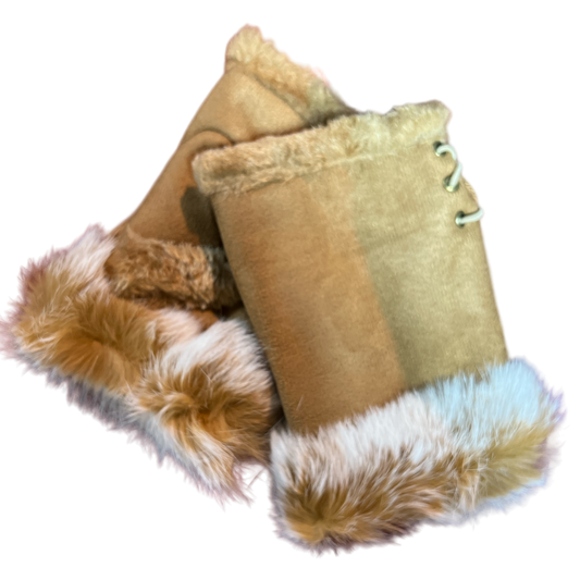 Faux Fur Cuffed Texting Gloves Camel, suede mittens with lace-up detail, set of 2 on Tampa Home & Garden Store