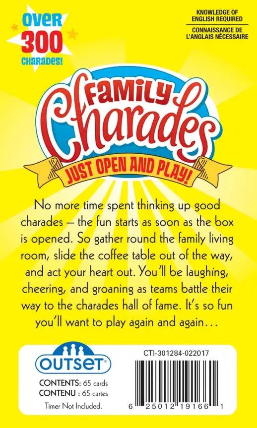 Family Charades Card Game bright yellow box, Outset brand, 65 cards on Tampa Home & Garden Store