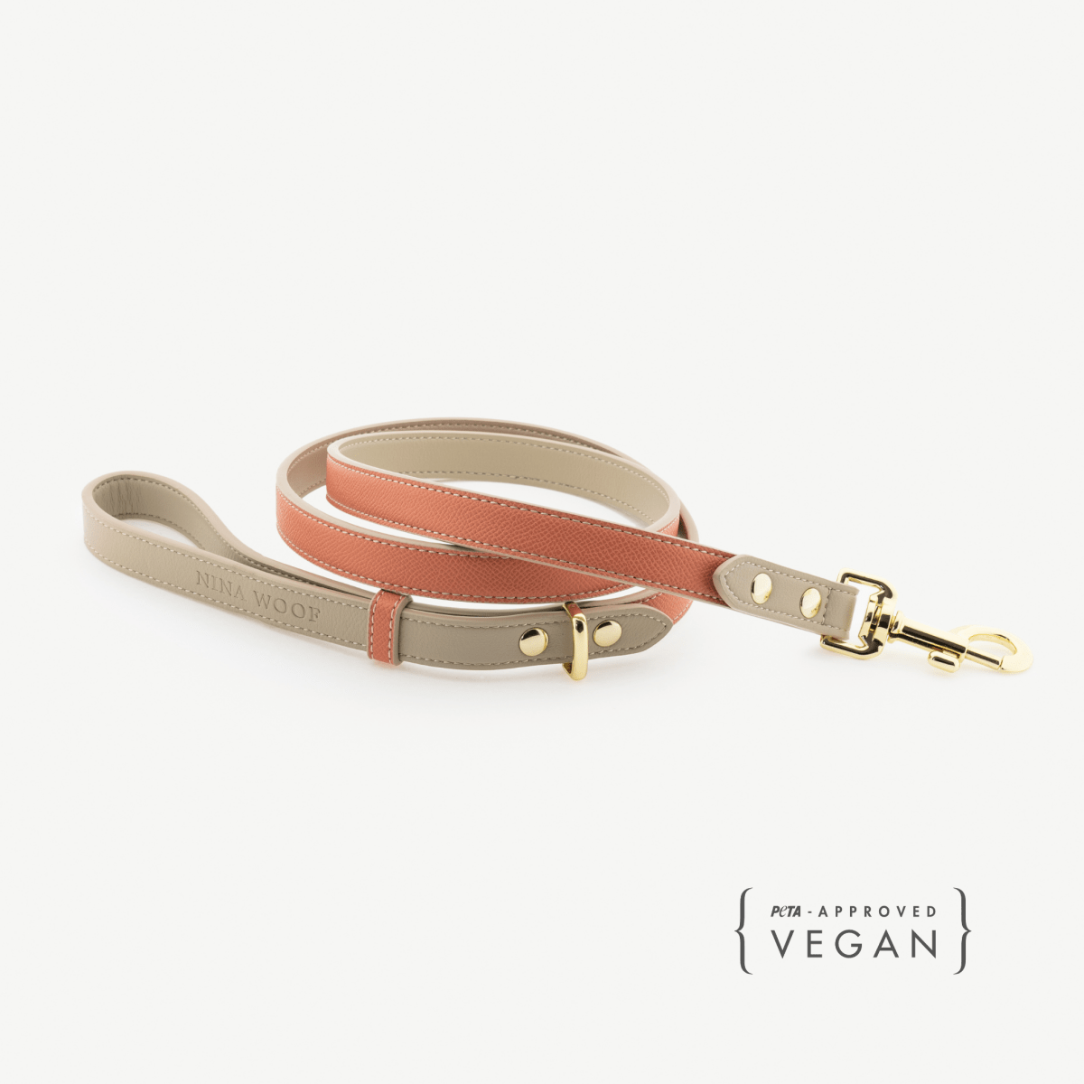 Nina Woof Premium Vegan Leather Dog Leash 4ft in beige and rust with gold hardware on Tampa Home & Garden Store