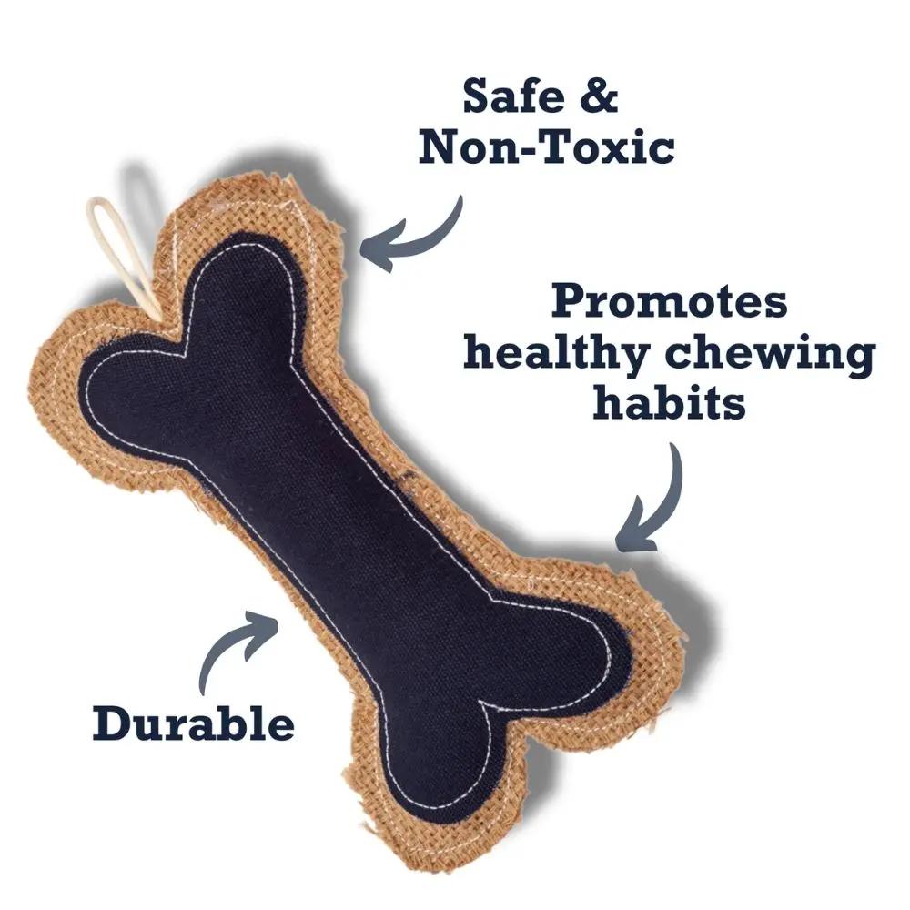 Country Living Jean Leather Jute Bone Dog Chew Toy with navy center and jute border on Tampa Home & Garden Store