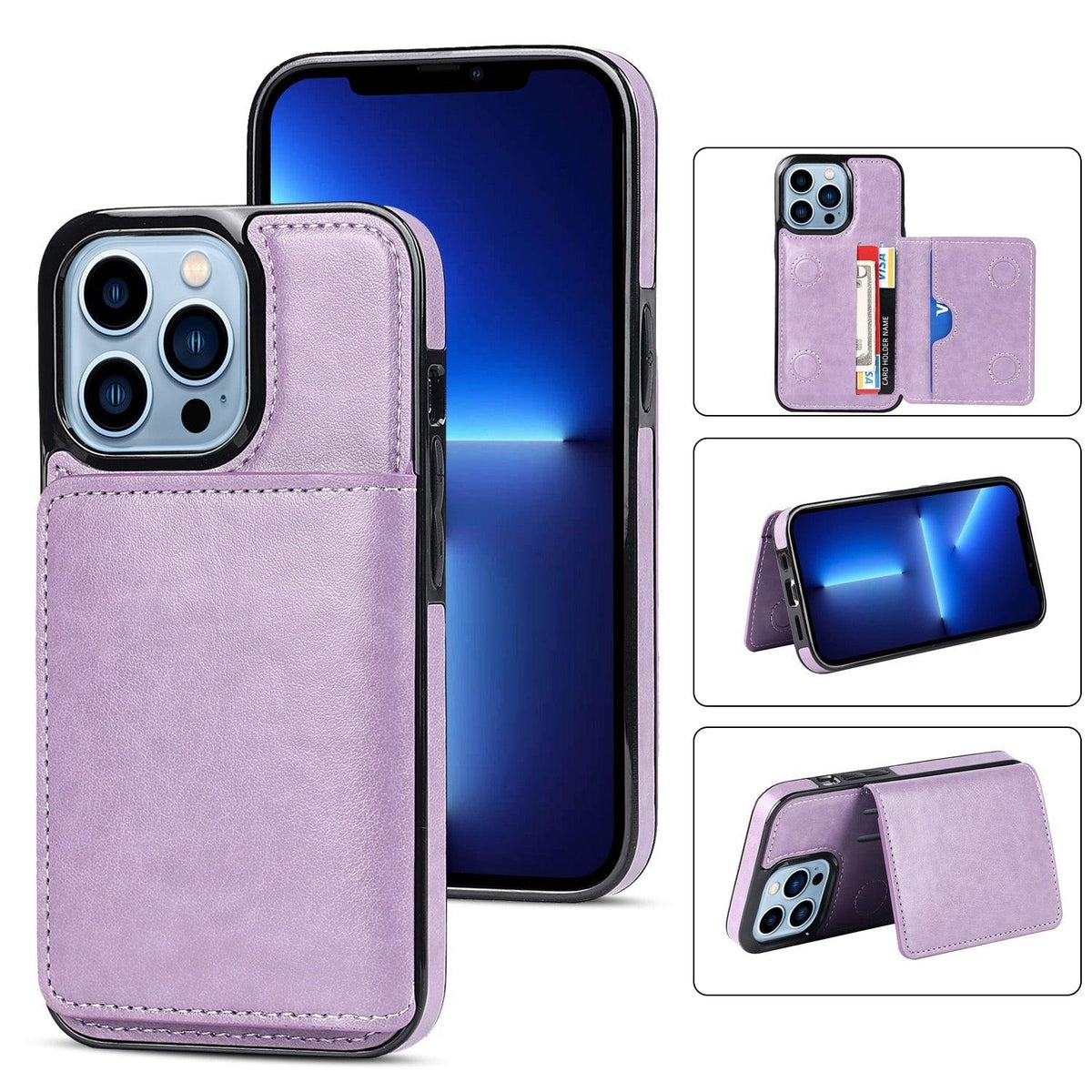 Stevvex leather wallet phone case for iPhone 13 Pro Max with 3-card holder, lavender purple on Tampa Home & Garden Store