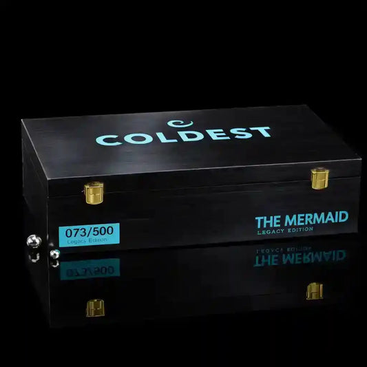 Coldest Mermaid Legacy Edition water bottle in black box with turquoise COLDEST logo and 073/500 on Tampa Home & Garden Store