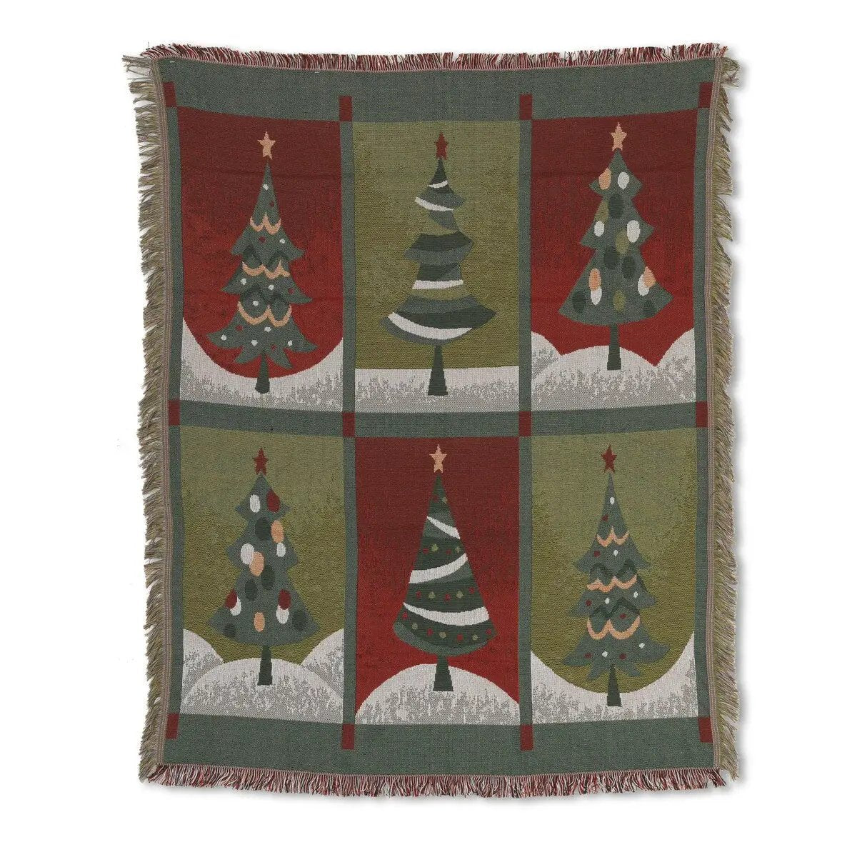 Festive Tree Tapestry Throw, 60x50, multi-panel Christmas trees on red and green blocks on Tampa Home & Garden Store