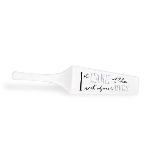 Cake server white stoneware with black script 1st CAKE of our lives Country Christmas Loft on Tampa Home & Garden Store