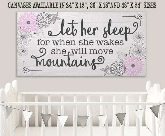 Let Her Sleep Canvas Wall Art with gray typography and pink florals for nursery decor on Tampa Home & Garden Store
