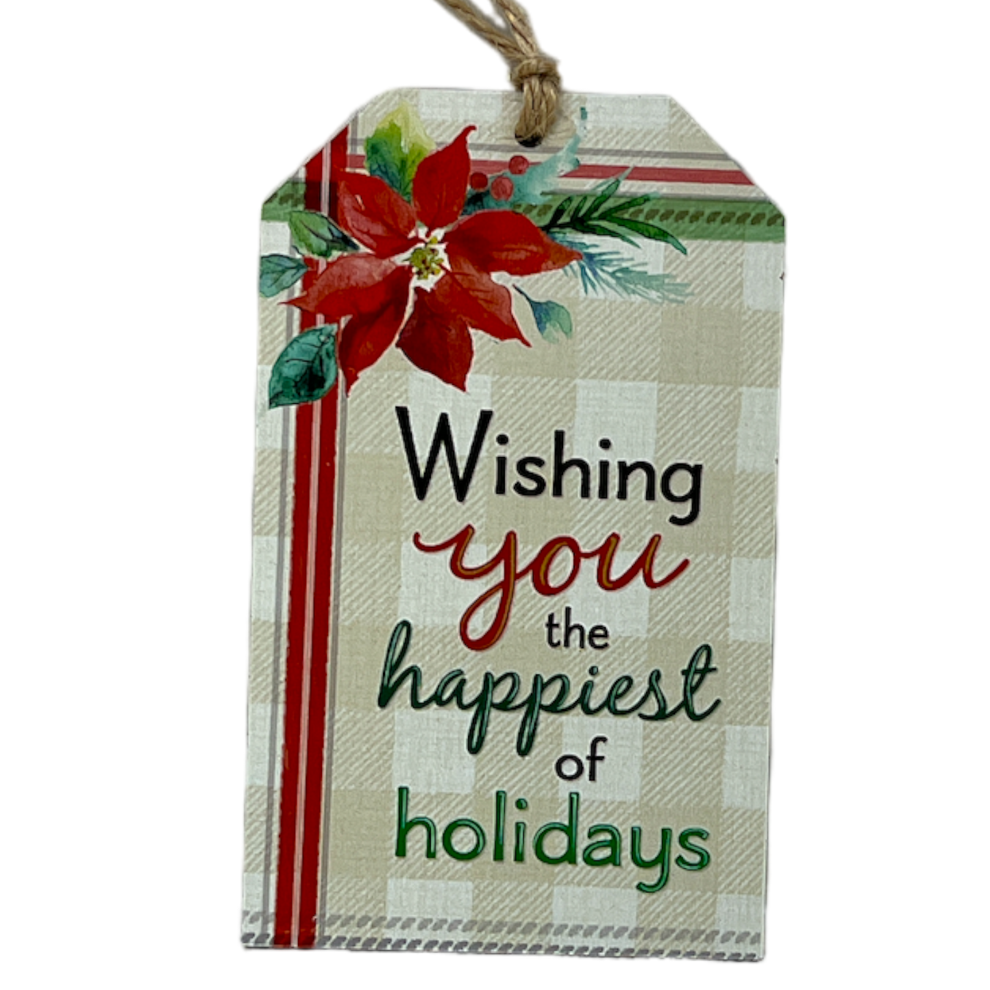 Wooden plaid gift tag ornament with red poinsettia and twine on Tampa Home & Garden Store