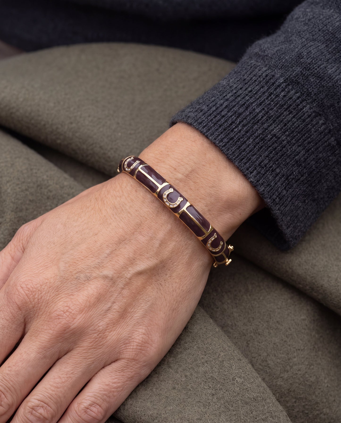 Equestrian Bangle Port Horseshoe by Lauren G Adams burgundy enamel gold-tone motif hinged lock on Tampa Home & Garden Store